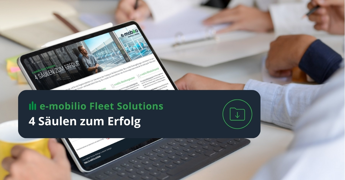 e-mobilio Fleet Solutions Factsheet mit unseren Lösungen für Ihren elektrischen Fuhrpark