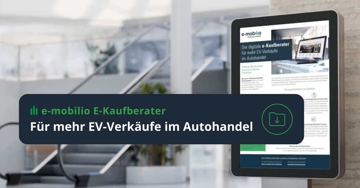 e-mobilio e-Kaufberater Factsheet mit unseren Lösungen für Ihren EV-Erfolg im Autohandel